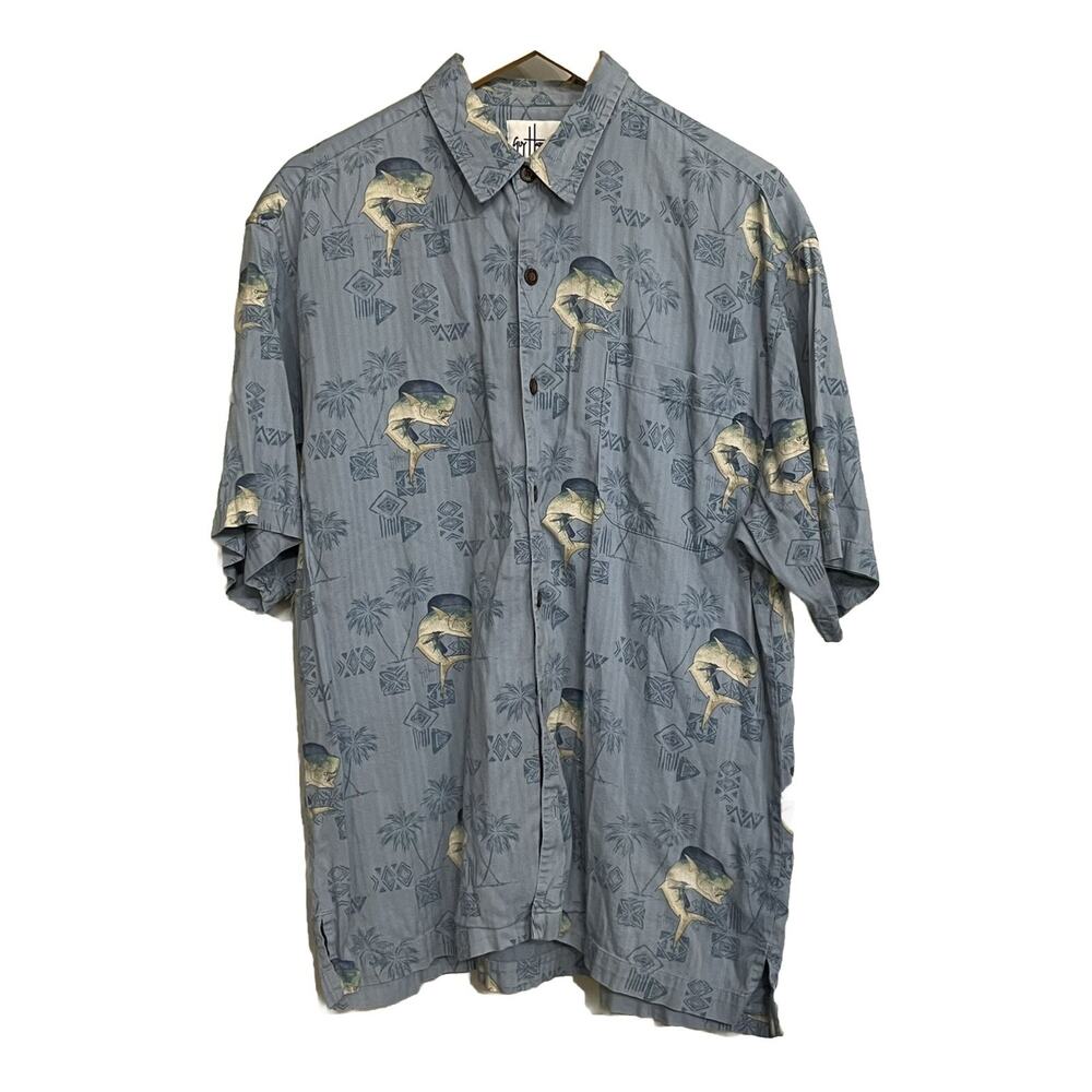 Guy Harvey AFTCO Shirt Mahi Tapa Hawaiian Fish Print Button‎ Up Woven Camp Sz L